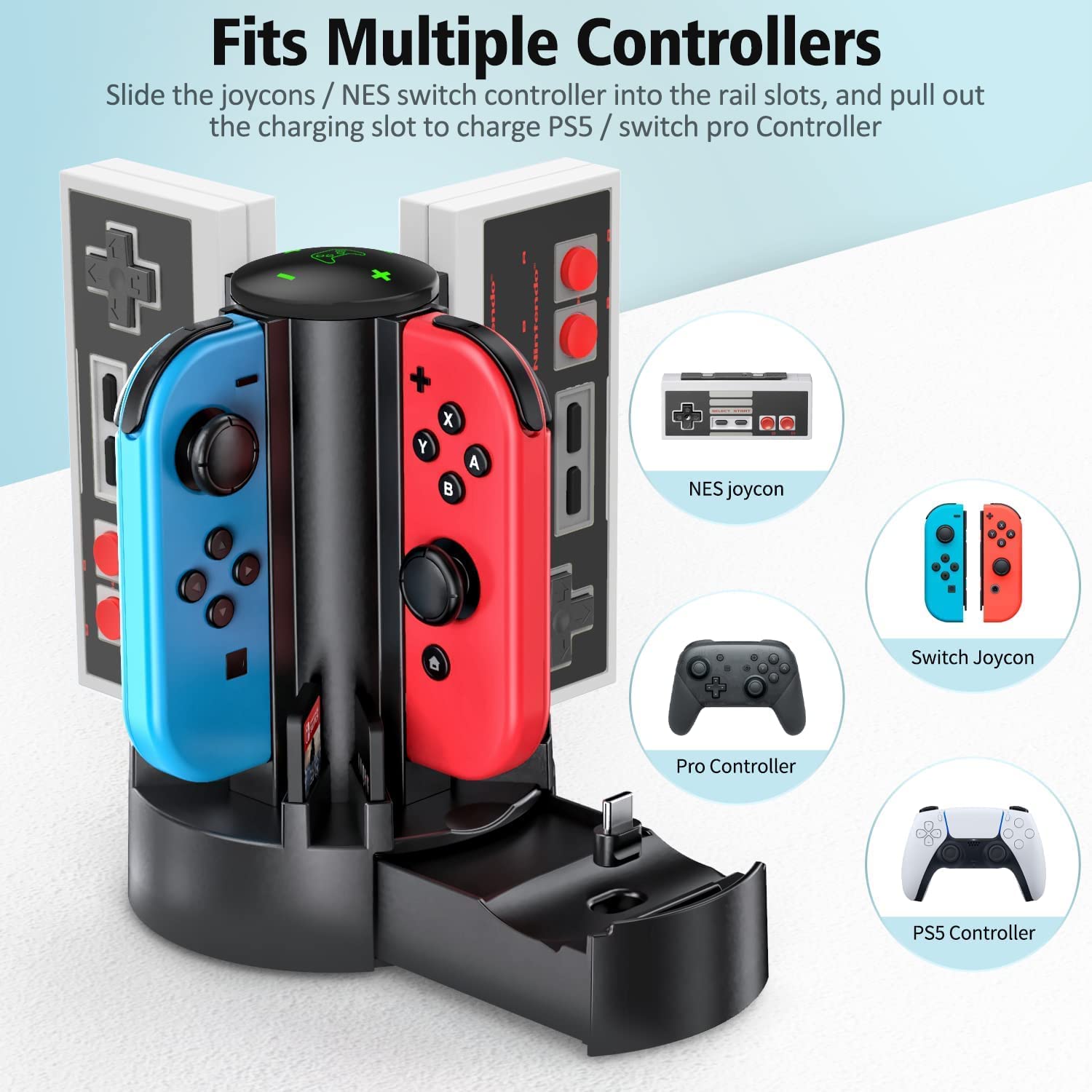 OIVO Switch Controller Charger Docking Station for Nintendo Switch/OLED Joycons/NES/ N64/ Supper Nintendo and Pro Controller, Switch Remote Charging Dock with 8 Game Slots for Joy-Con Controllers