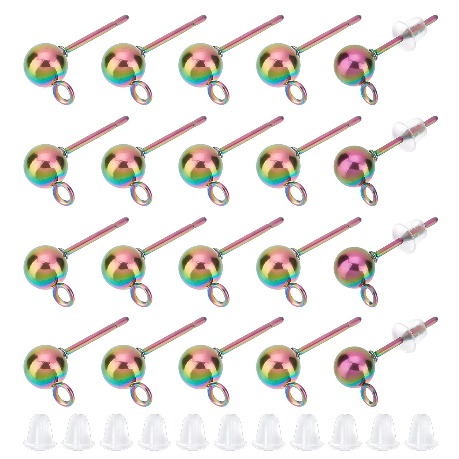 UNICRAFTALE 50 Sets Rainbow Color Ball Post Stud Earring Findings Pin 0.6mm Stainless Steel Ball Stud Earring Post with Plastic Ear Nuts Earrings for DIY Jewelry Making Hole 1.5mm