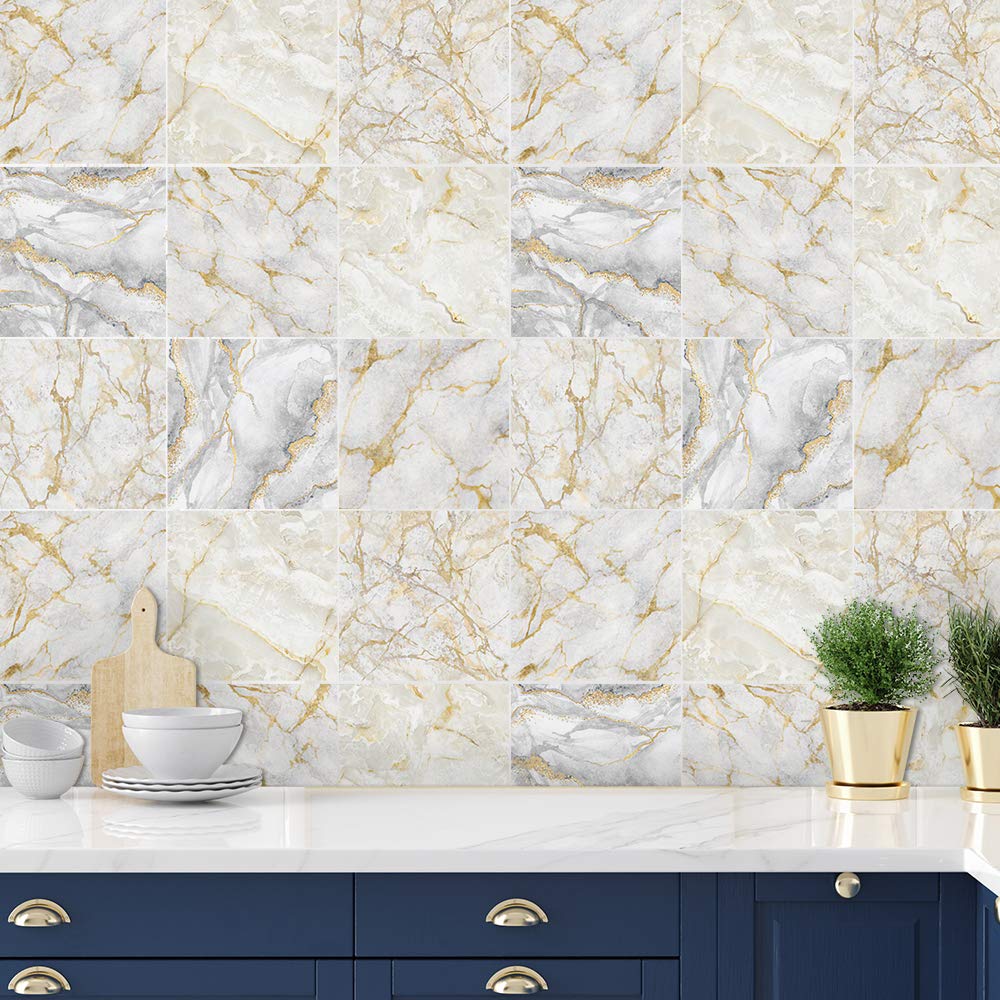 Floor Wall Tile Transfers Sticker for Home Decor, Peel & Stick self-Adhesive splashback, Tile Decals for Living Room Kitchen Bathroom Decor,15cmX15cmX 10 Pcs, White and Golden Marble Tile Sticker