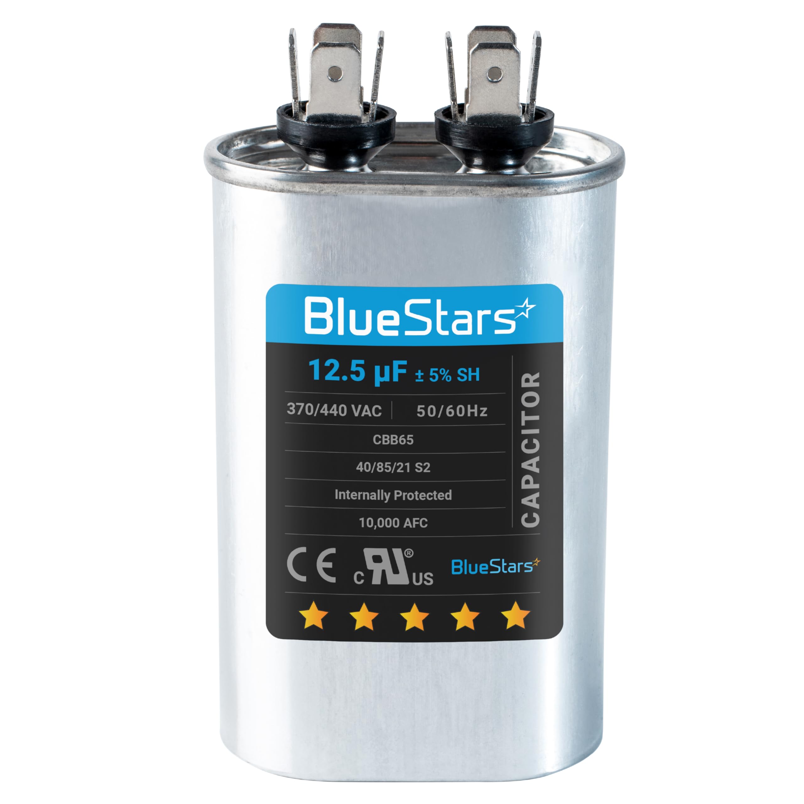 Photo 1 of [UL Certified] BlueStars 12.5 uF MFD ±5% 370 VAC or 440 VAC CBB65 Oval Run Start Capacitor - Replacement Part - Fit Condenser Straight Cool or Heat Pump Air Conditioner - Replaces 97F9003, Z97F9003