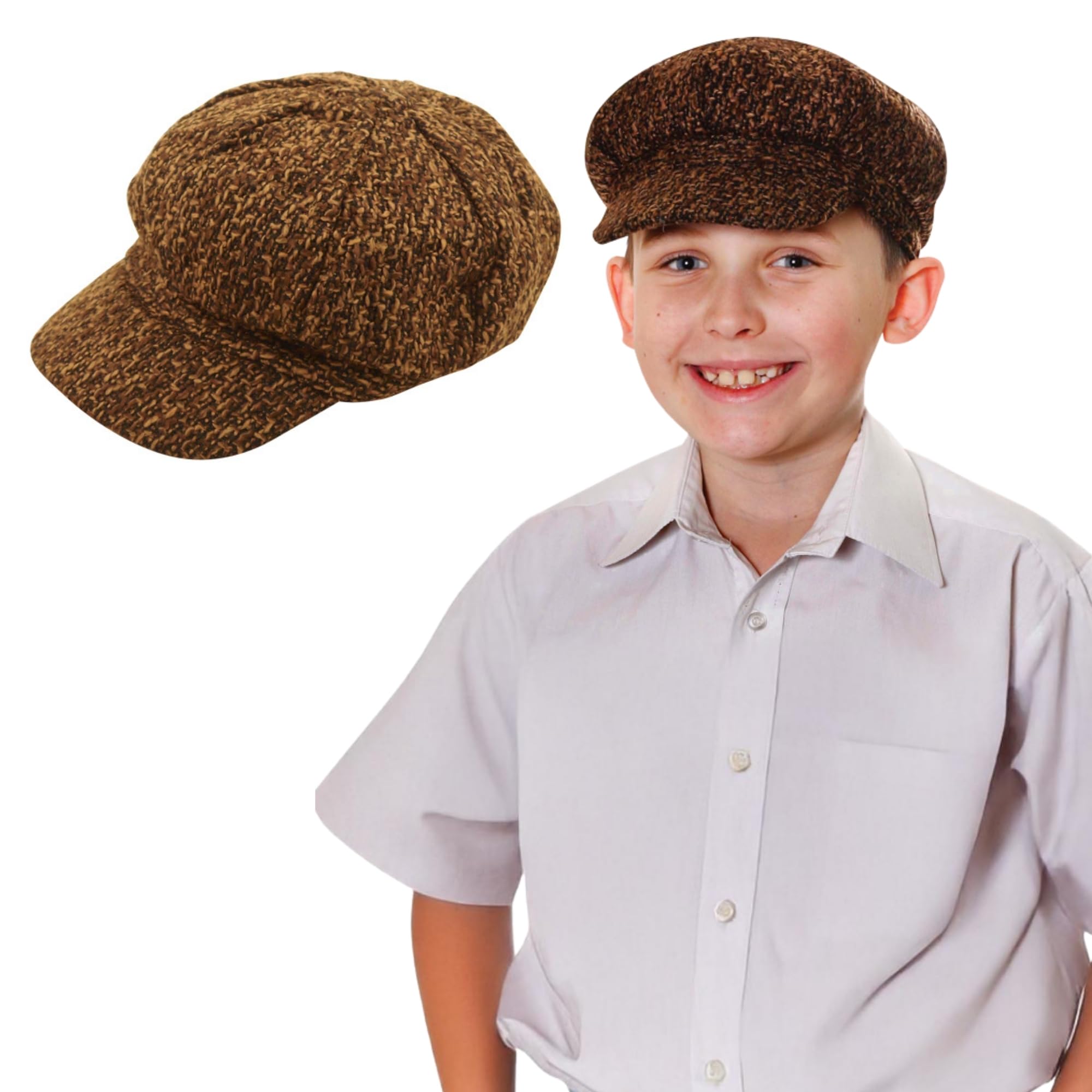 FUN FABLES Kids Baker Boy Flat Cap – Classic 8-Panel Victorian Newsboy Hat, 1920s 1930s Gatsby Peaky Gangster Cap, Fancy Dress Accessories for Boys & Girls Brown (UK, Alpha, One Size, 1 Hat, Brown)