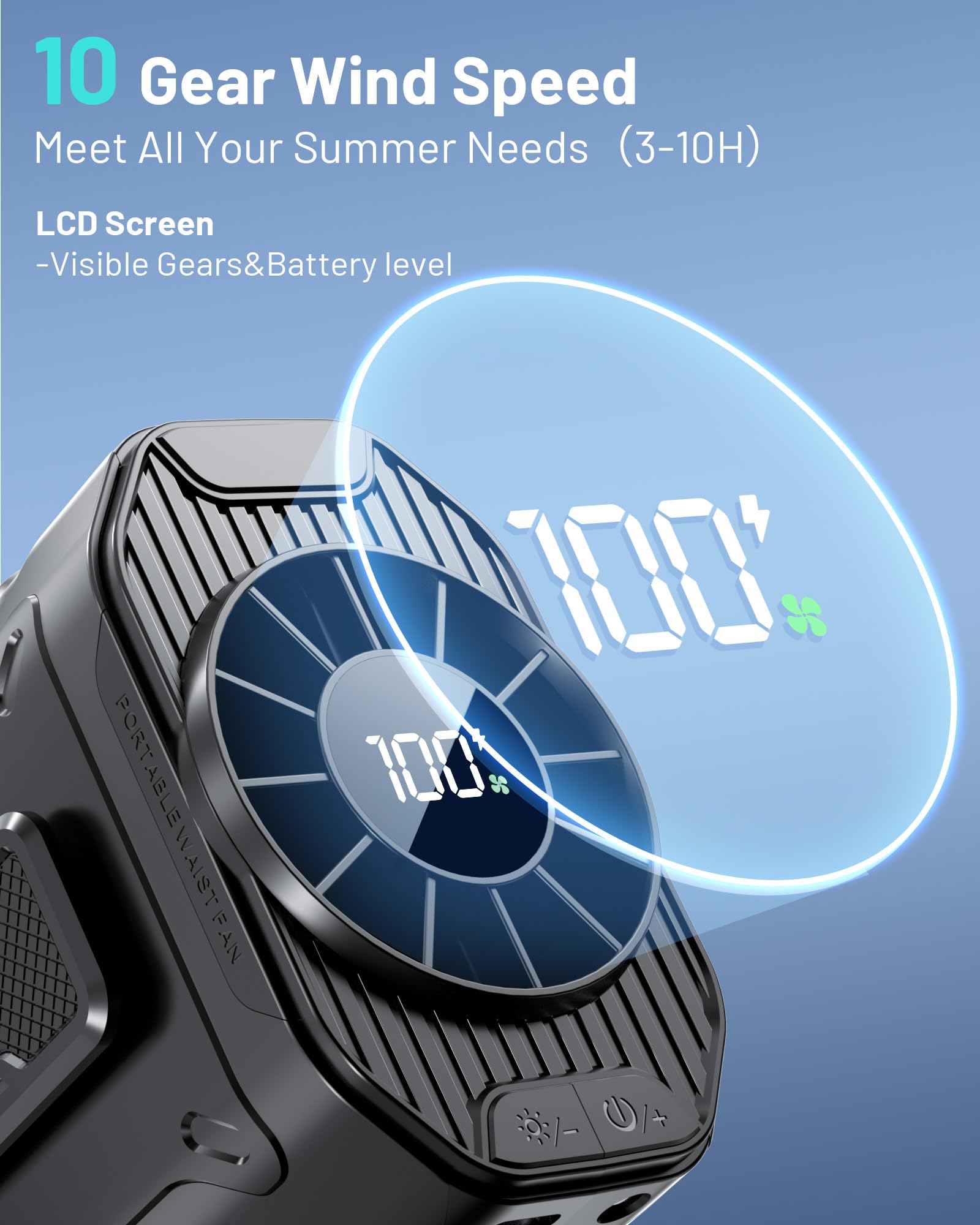 Portable Waist Fan with 10 Speed, Clip on Wearable Belt Personal Fan with Flashlight, Rechargeable Battery Operated Hands-Free Hanging Neck Fans, Cooling For Outdoor Camping Jobsite