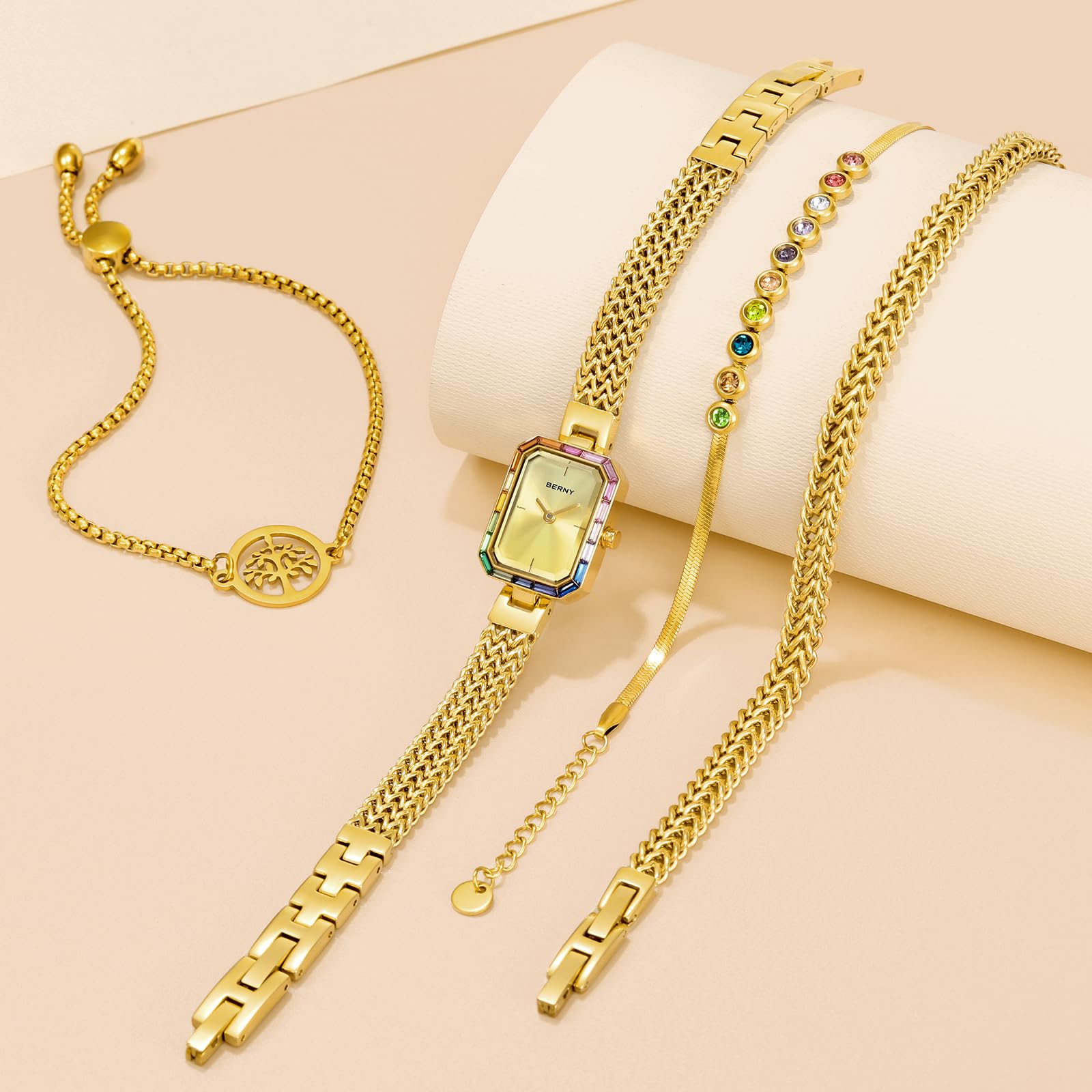 BERNY Silver Watches for Women Dainty Quartz Bracelet Watch Ladies Wrist Watch and Bracelet Set Coloured Stones Accented Fashion Luxury Birthday Gifts for Women