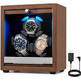 Automatic Watch Winder Box for 3 Watches, Quiet Motor, 4 Rotation Modes | LED Display Lighting Walnut Wooden Case Quiet Motor Operation AC Adapter Included