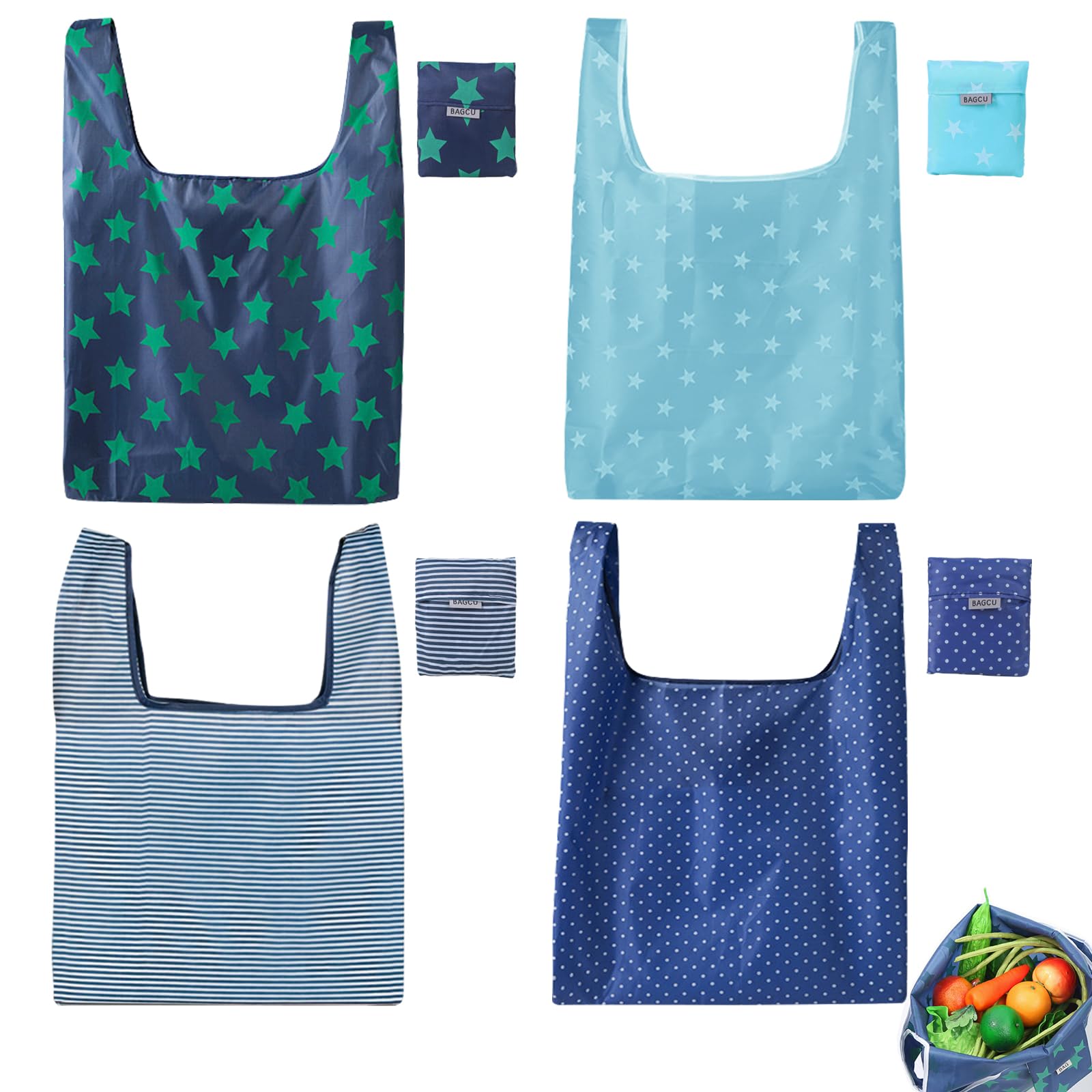 KASESSS 4 Pcs Reusable Shopping Bag, Foldable Shopping Bag, Eco-Friendly Shopping Bags Washable Grocery Bag Waterproof Shopping Bags for Women Lightweight Tote Bag for Shopping Travel Picnic