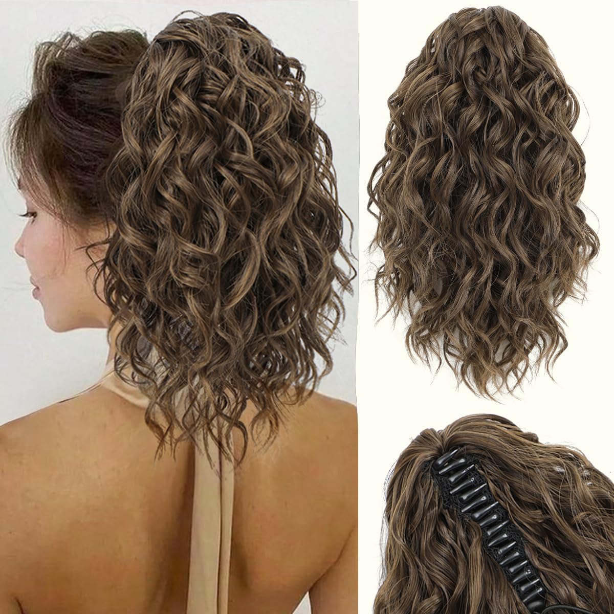 VEGALILY 12 inch Ponytail Extension Light Brown Hair extensions Clip in Drawstring Ponytail Short Curly Claw Clip Ponytail Hair Extensions Synthetic Hairpieces for Women for Daily Use — image 1