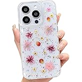 Abbery for iPhone 15 Pro Case Floral Cute Design Glitter&Sparkle Clear with Real Dried Pressed Pink Flowers Pattern Slim Soft TPU Protective Women Girl's Phone Cover for iPhone 15pro