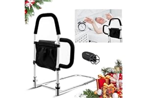 WHOMEC Bed Rails for Elderly Adults Safety-Bed Assist Rail with Double Grab Bars & Fall Prevention Guard & Storage Pocket Fits King, Queen, Full, Twin, Support Up to 300lbs,Height 25.6'' (Double Grab Bars)