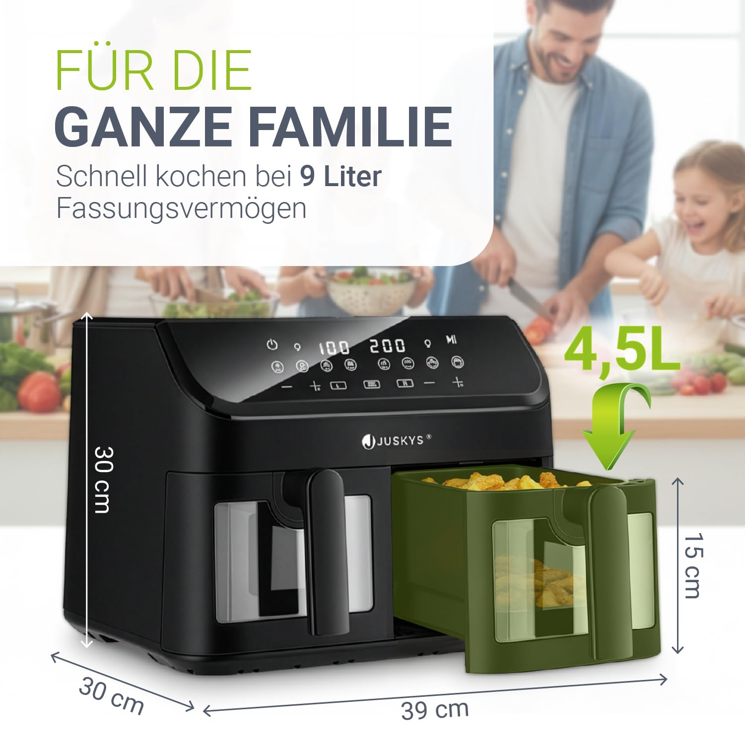 Juskys® Airfryer 9 L Doppelkammer - Heißluftfritteuse 2 Kammern, 9 Programme, beschichtet, XXL Fritteuse 3