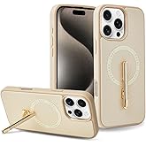 CUSTYPE for iPhone 15 Pro Max 6.7" Case with Stand, Slim Leather Cover with 2-Way Kickstand, Compatible with MagSafe, Protective Case with Magnetic Feature for Women – Beige