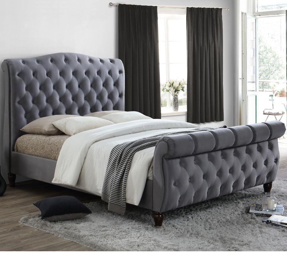 Grey Velvet Fabric Sleigh Bed, Happy Beds Colorado Grey Fabric Modern Bed Frame - 5ft UK King (150 x 200 cm) with Pocket Sprung Mattress Included