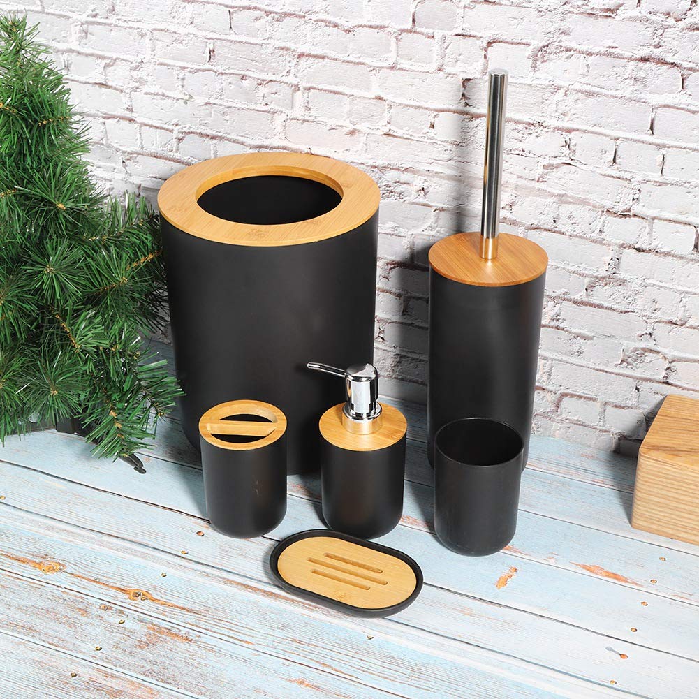 Ejoyous Bathroom Set, 6Pcs Storage Case Set with Toilet Brush, Trash Can, Lotion Bottle, Soap Dish, Toothbrush Holder, Rinse Cup PP Plastic and Bamboo, Black