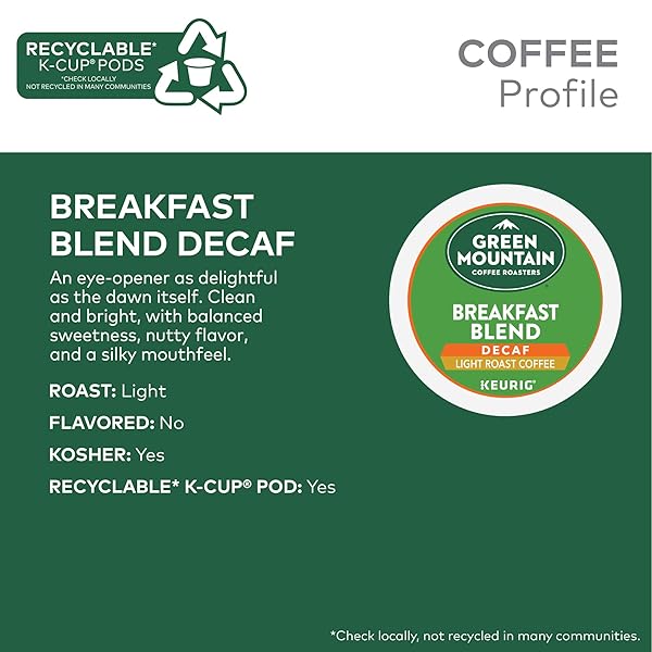 GREEN MOUNTAIN COFFEE ROASTERS BREAKFAST BLEND DECAF COFFEE, KEURIG SINGLE SERVE K-CUP PODS, LIGHT ROAST, 24 COUNT