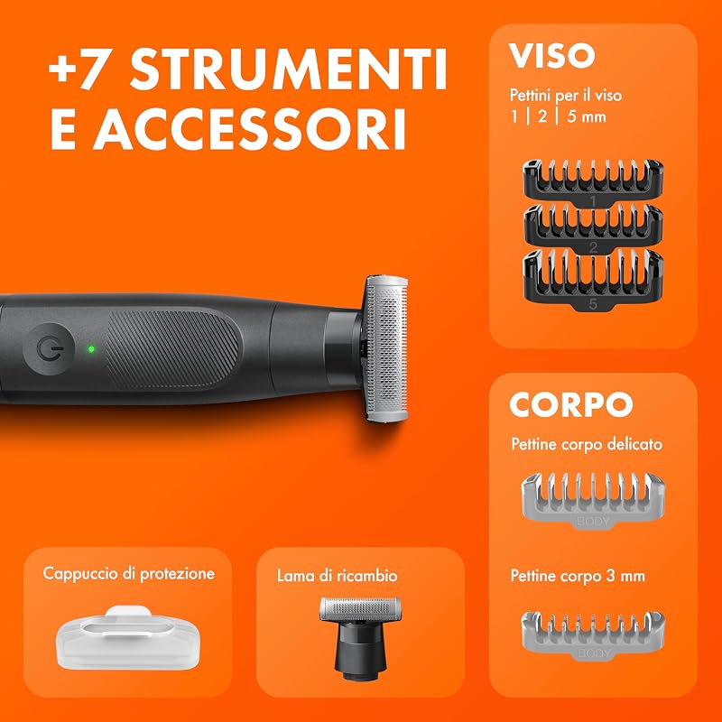 Fusion One Rasoio Elettrico Uomo Barba e Corpo, 3 Pettini Barba (1,2,5mm) e 1 Pettine Corpo, Testina Oscillante, Lama Ricambio, Impermeabile, Senza Fili, 45 Min Autonomia, Tecnologia Braun