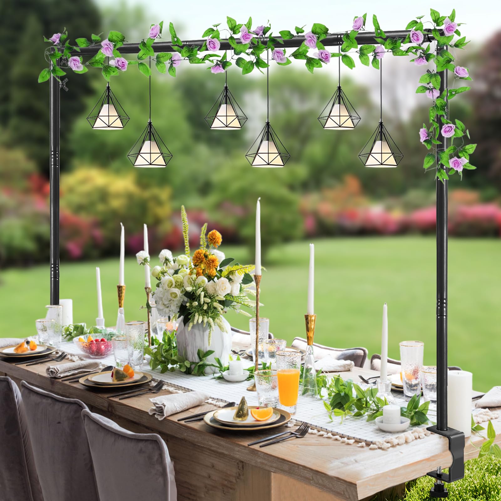 Photo 1 of WellSign Over The Table Rod Stand with Clamps Adjustable 31"-110" Length 31"-64" Height, Table Balloon Arch Stand for Wedding Valentine Engagement Party, Black Table Arch Frame Hanging Decor Rod