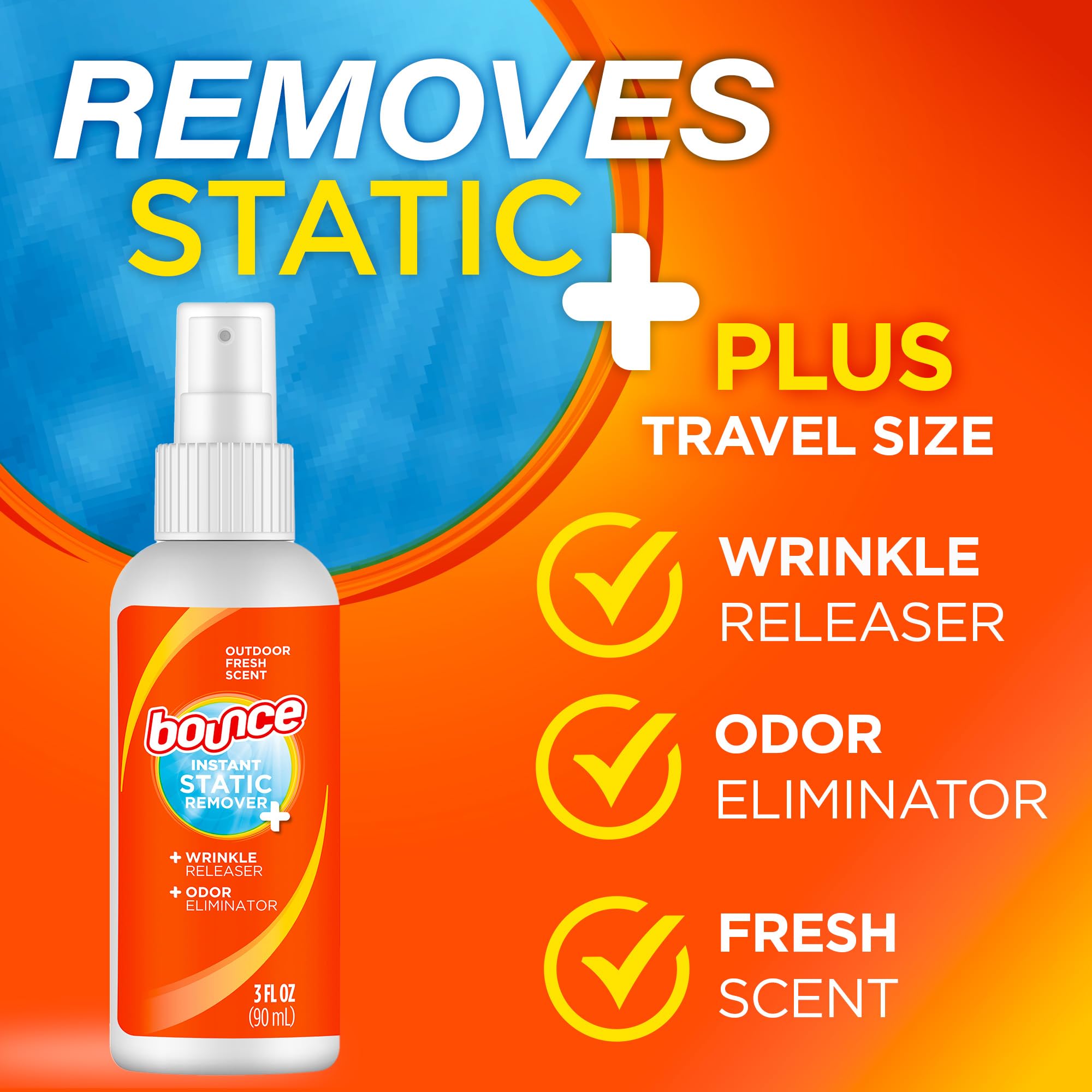Bounce Anti Static Spray, 3 in 1 Anti Static & Instant Wrinkle Release, Odor Eliminator & Fabric Refresher, Rapid Touch Travel Spray (3 Oz, Pack of 1)