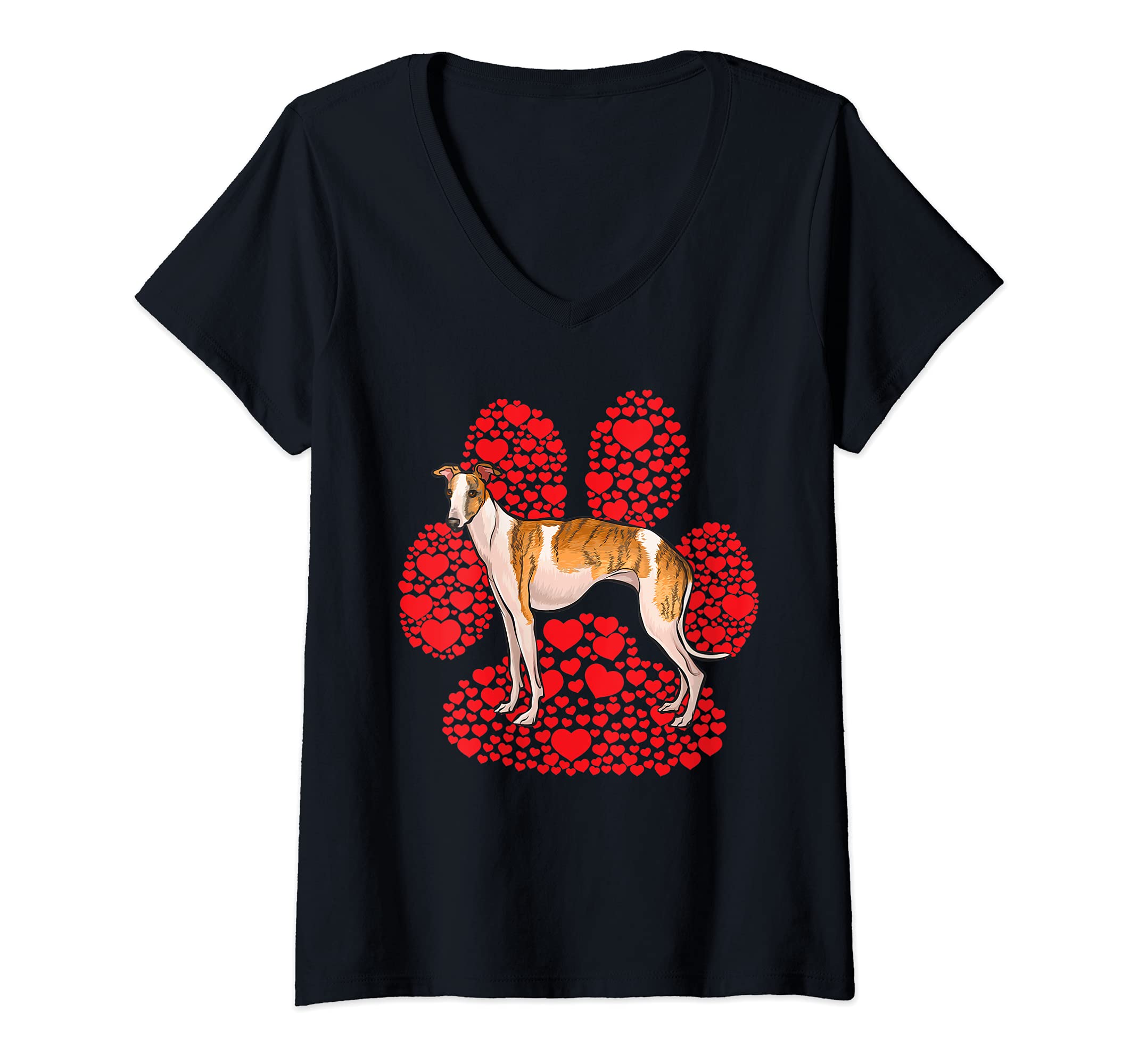 Womens Whippet Valentines Day Dog Love Paw V-Neck T-Shirt