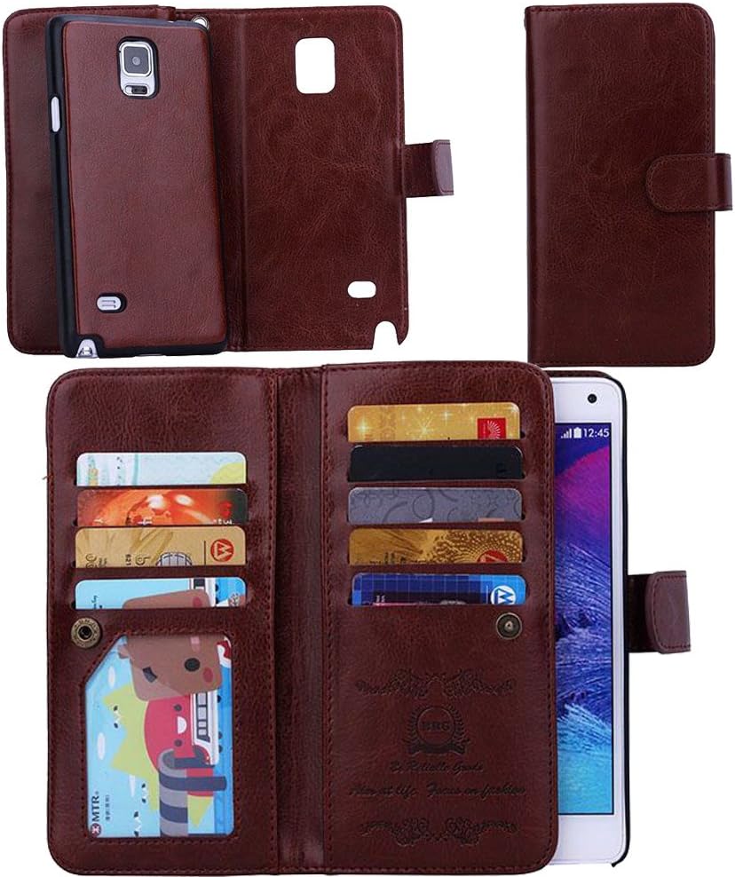 Eloiro Samsung Galaxy Note 4 Wallet Case, Multiple Credit Card Holder Slots Purse Case Magnet Detachable Back Cover Slim Folio Flip Holster Carrying Case [Wrist Strap] for Galaxy Note4 (Brown)