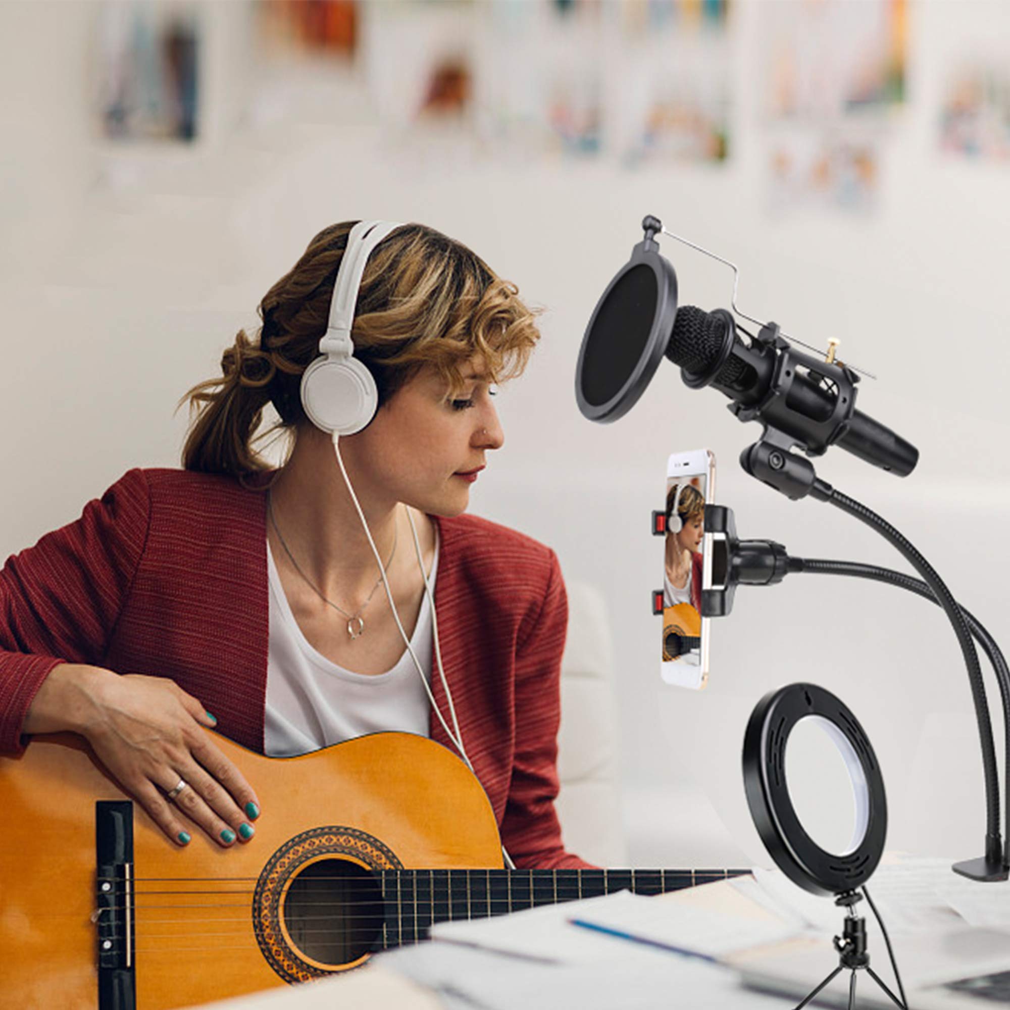 ZOMEI 6 inch LED Ring Light with 2 in 1 Cellphone Microphone Holder Dimmable Desktop Live Stream Light with Color Temperature 11 Level Brightness