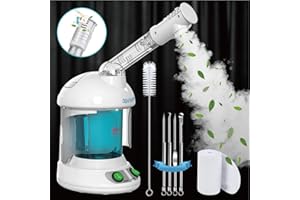 DENFANY Nano Ionic Facial Steamer with 360° Rotating Nozzle, Portable Facial Steamer for Personal Care Use at Home or Salon Bonus 1 Piece Spa Headband 4 Piece Stainless Steel Skin Kit