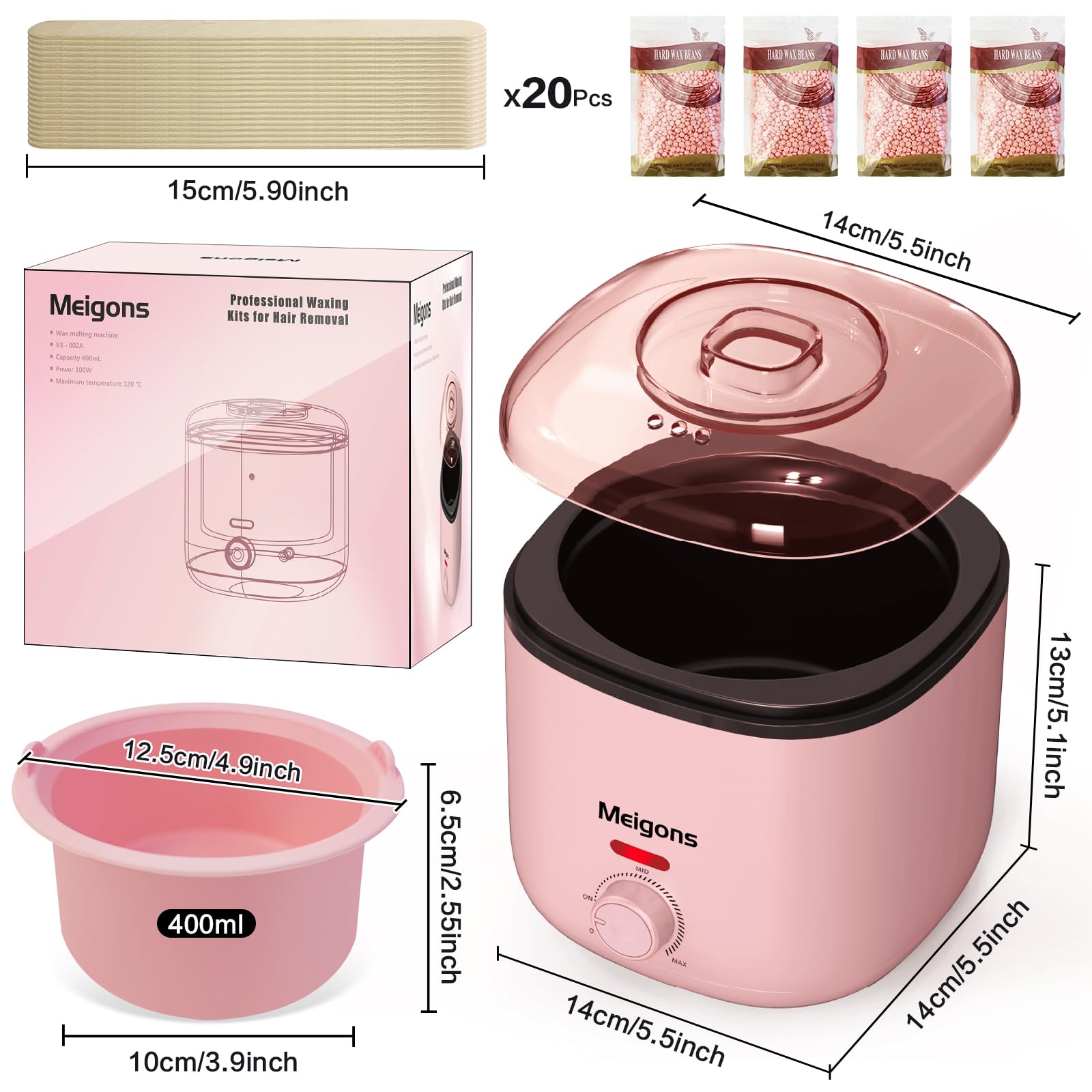 400ML Hair Removal Wax Warmer, Women Men Home Wax Heater with 20 Wax Sticks, 4 Bags of Wax Beans and 1 Silicone Bowl (Pink)