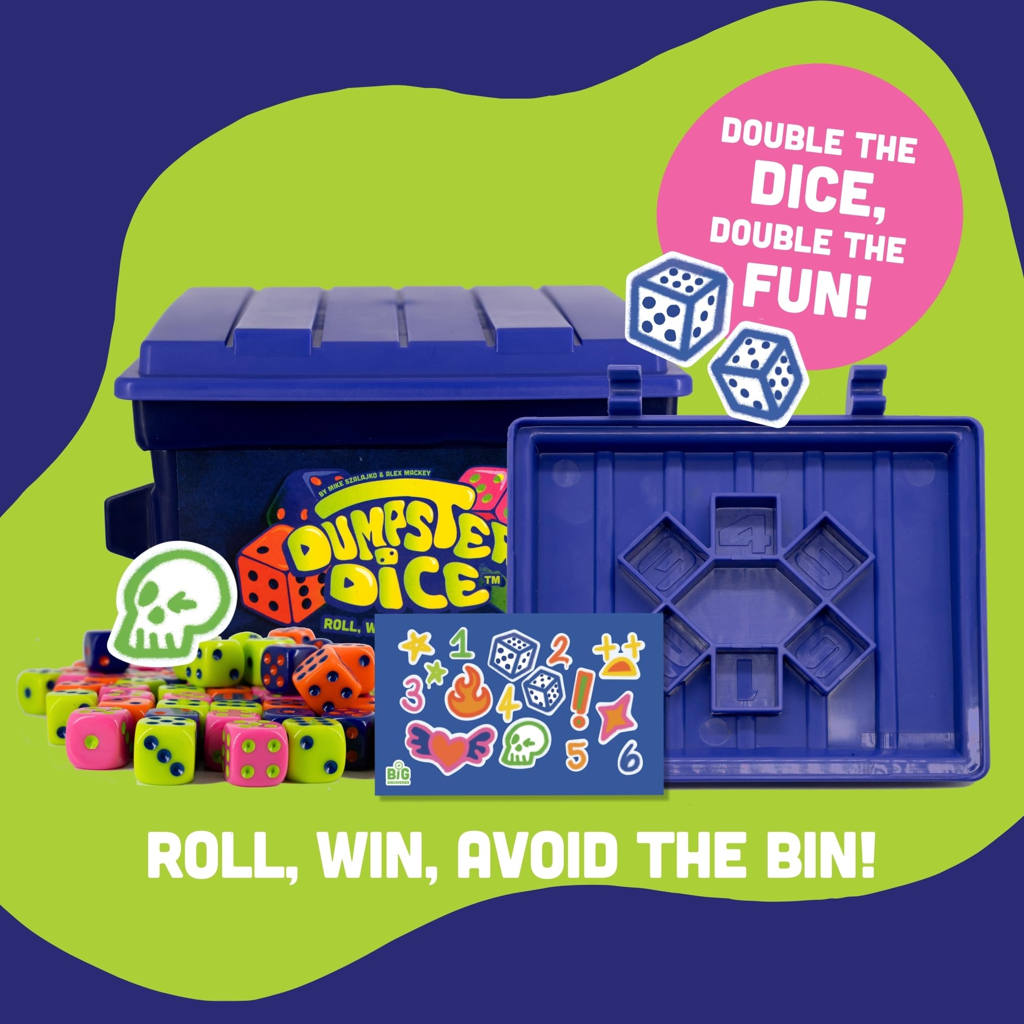 Big Discoveries Dumpster Dice - Fast-Paced Family Dice Game | Fun 4-Player Board and Dice Game with Dumpster, 80 Dice, and Graffiti Stickers | Perfect for Travel, Parties, and Game Night