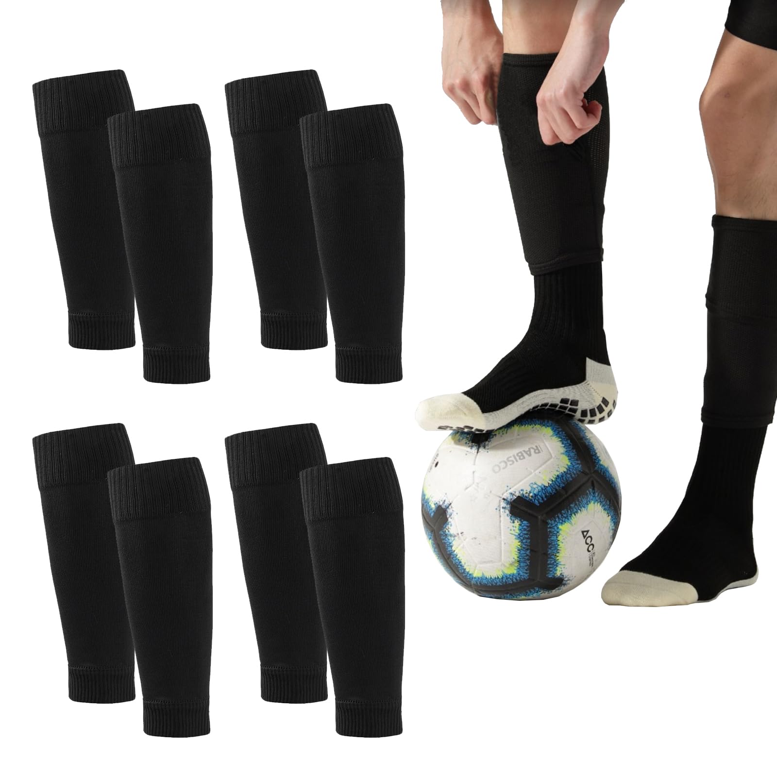 4 Pairs Football Sock Sleeves, Shin Guard Sleeves, Team Leg Sock Sleeve for Football Running or Training Beginner(Black Adult）