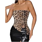 MakeMeChic Women's Leopard Print Sequin Strapless Tube Sparkly Tie Side Split Club Tops