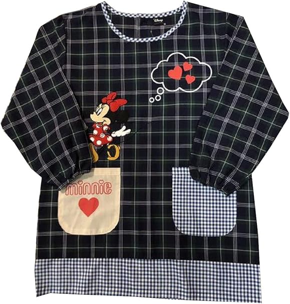 Amazon ディズニー ミニーちゃん ミニーマウス 割烹着 ハート柄 チェック 長袖エプロン ｍ ｌ ディズニー認証マーク付き エプロン オンライン通販