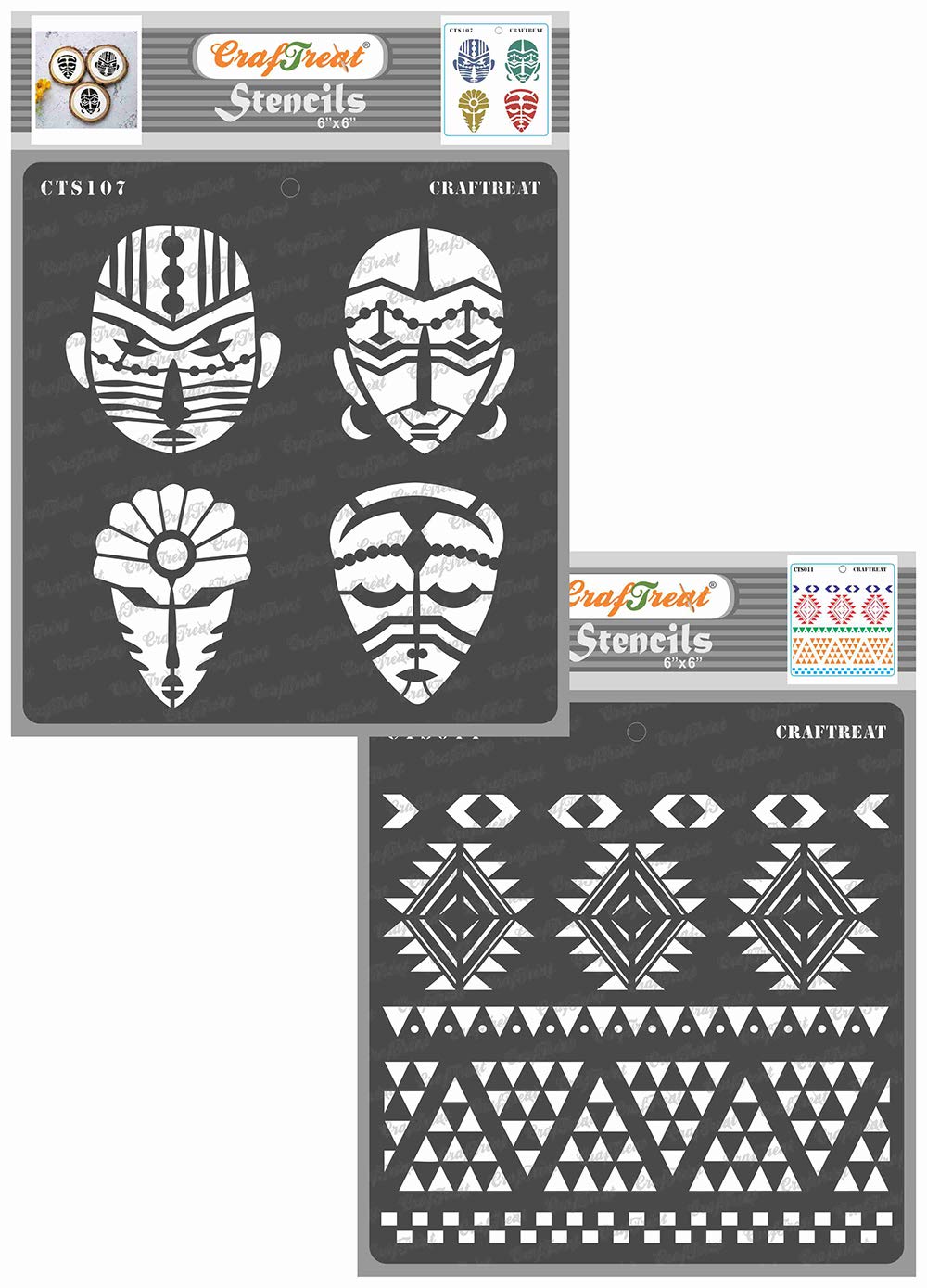 CrafTreat Reusable Tribal Stencils for Painting on Wood, Wall, Tile, Canvas, Paper, Fabric and Floor - Congo Face and Aztec Borders - 2 Pcs - 6x6 Inch Each - DIY Art and Craft Stencils