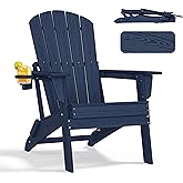 nevilywood Folding Adirondack Chair - Extended Ergonomic Backrest, Cup Holder - Easy Assembly - Durable HDPE Plastic, Weather Resistant & Maintenance-Free - Lawn, Patio, Deck Supports 380lbs NavyBlue