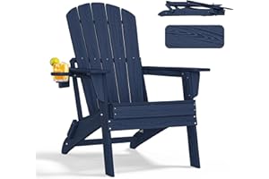 nevilywood Folding Adirondack Chair - Extended Ergonomic Backrest, Cup Holder - Easy Assembly - Durable HDPE Plastic, Weather Resistant & Maintenance-Free - Lawn, Patio, Deck Supports 380lbs NavyBlue