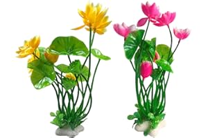 CICK SEED Artificial Lotus Flowers for Aquarium Fish Tank Plants Decorations, 2 Pack, 8.3" High, with Yellow and Pink Blossoms, Green Stems and Leaves, Perfect for Aquarium Decor