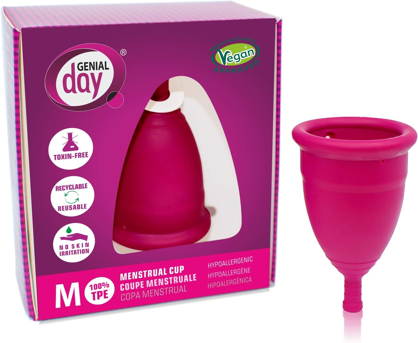 Genial Day Sensitive Menstrual Cup – Medium Soft – Regular Flow – Made in Europe - Premium Quality – Reusable Medical Grade TPE (Medium, Imperial Pink)