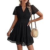 LILLUSORY Womens 2026 Summer Dress Mini V Neck A Line Hollow Out Lace Spring Cute Casual Beach Vacation Outfits Party Dresses