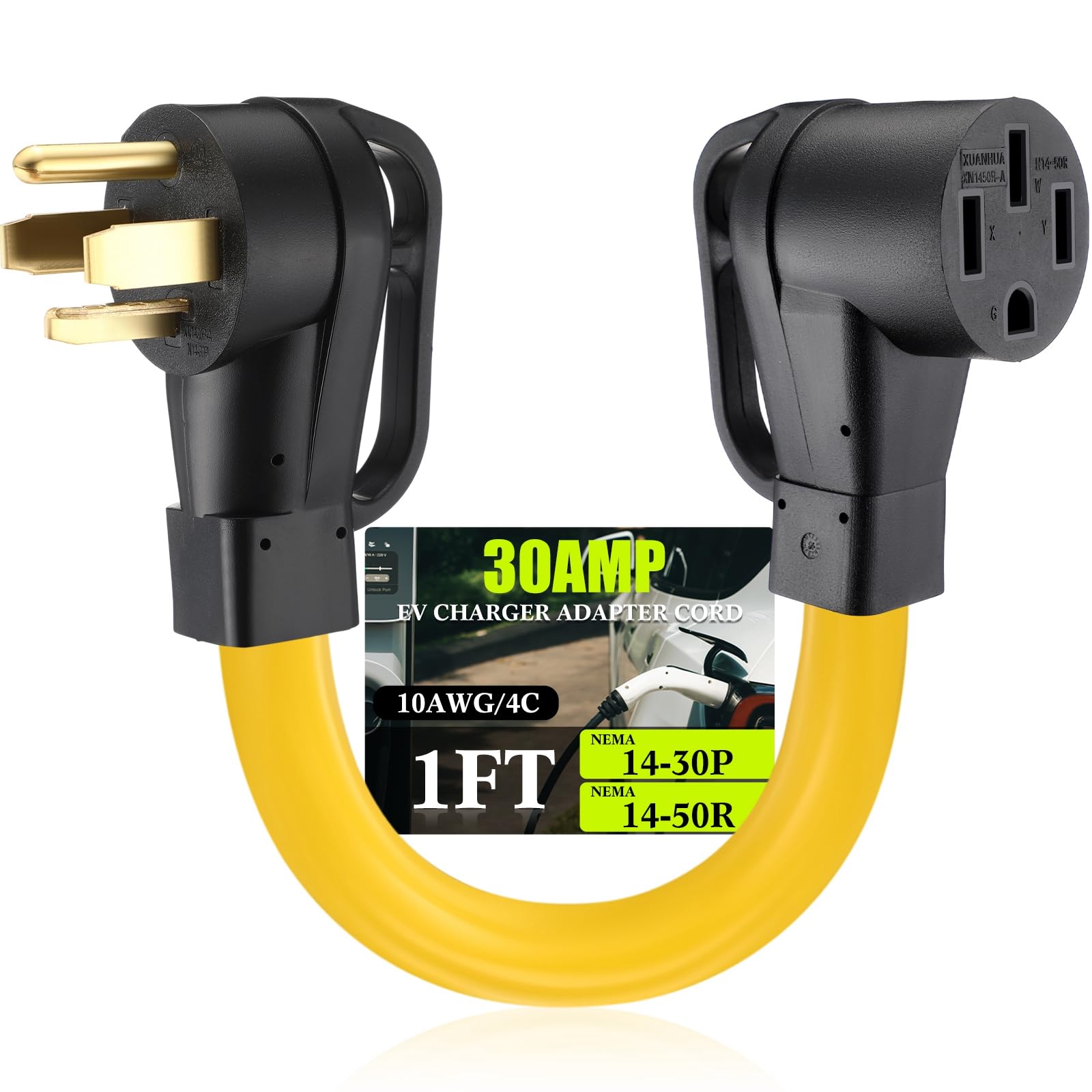 Photo 1 of Tellegloww 14-30P to 14-50R EV Charger Adapter Cord Compatible with NEMA, 30A 4 Prong Male Dryer to 4 Prong Female 50A EV Power Cord with Handle for Level 2 Charging, STW 10 AWG/4C, 1FT, ETL Listed