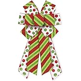 ABTOLS Large Christmas Bows for Wreath, Red Green Glitter Dot Wreath Bows Christmas Red Green Stripe Bows for Front Door, Xmas Burlap Tree Topper Bows for Christmas Indoor Outdoor Decor