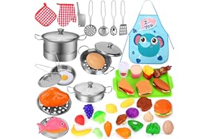 ACKSONSE Play Food Sets for Kids Kitchen, Play Kitchen Accessories 46Pcs, Stainless Steel Cookware Pots and Pans Set with CuteApron, Cutting Play Food, Cooking Utensils,Toys for 3 4 Year Old Girls
