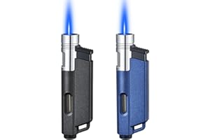 Yeuligo 2 Pack Butane Torch Lighters with Keyhole, Pocket Lighter with Visible Window, Adjustable and Refillable Gas Lighter for Candle Kitchen Fireplace Fireworks, Without Gas(Matte Black+Blue)