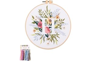 artcici Embroidery Kits Plant Flower Leaf English Letter Patterns for Beginners Adults, Full Range Embroidery Starter Kits Cross Stitch Needlework Supplies (Letter H)