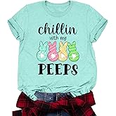 FYXKDX Happy Easter Shirt Women Chillin with My Peeps Bunny Shirts Cute Rabbit Soft Casual Spring Tops Easter Gifts