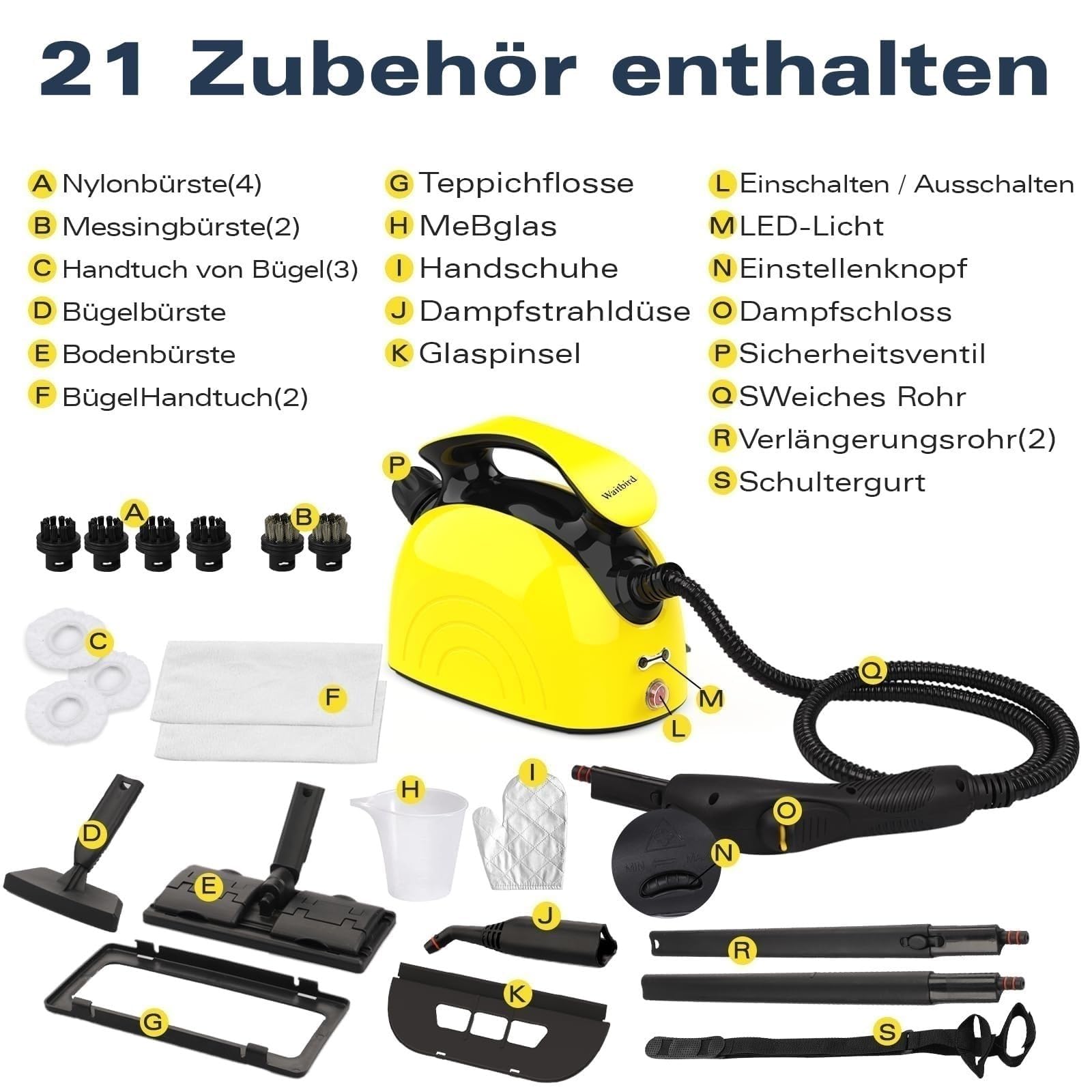 Waitbird Dampfreiniger, komplett mit 21 Zubehörteilen, 248 °F Hochtemperatur, 1,1 l Wassertank, geeignet für die Reinigung von Backöfen, Teppichen, Sofas, Polstern, Spielzeug und glatten Böden. 6