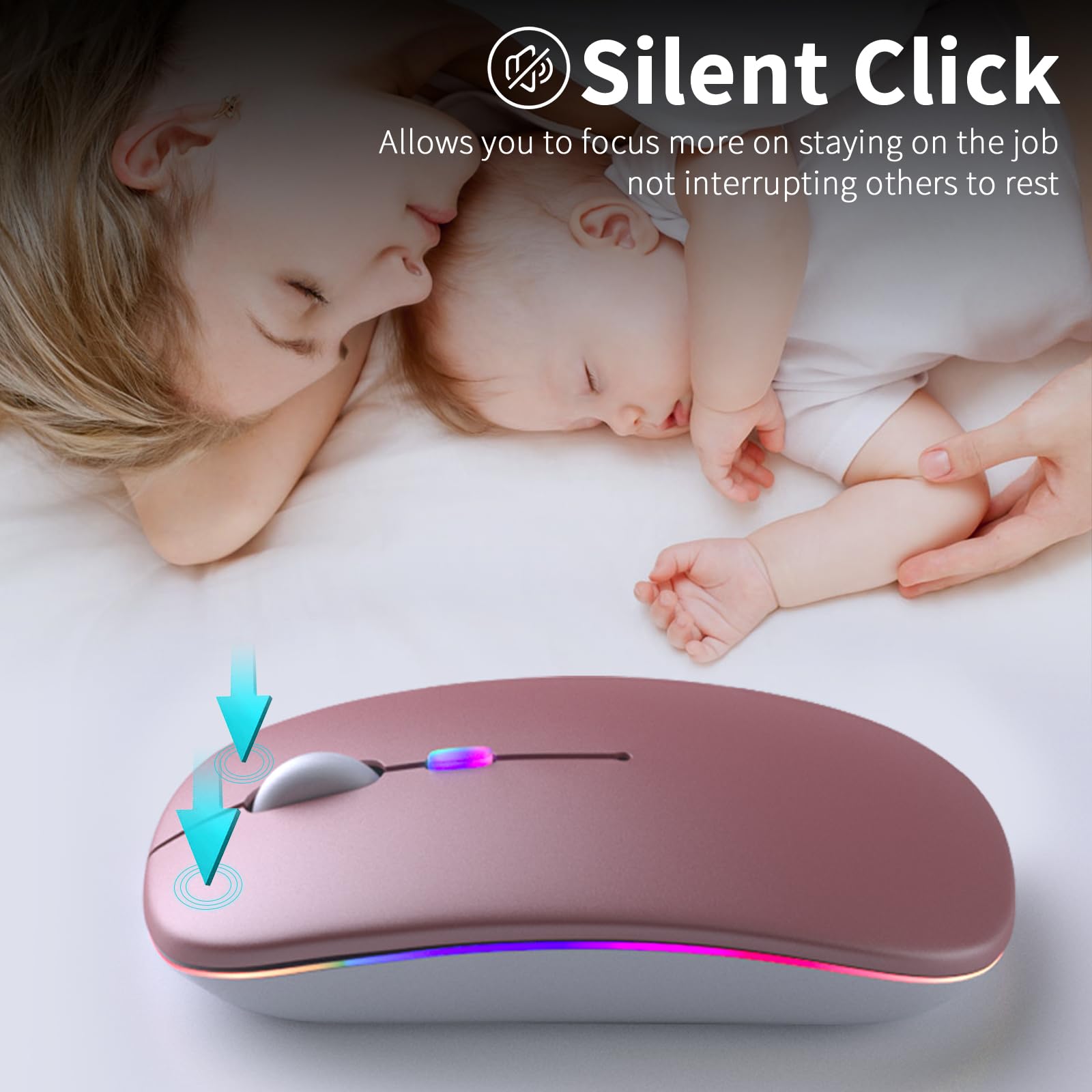 KANMABPC Wireless Bluetooth Mouse – Rechargeable, Silent, Dual Mode (Bluetooth 5.2 & USB) with LED Lights – Portable for Laptop, Desktop, & Tablet(Rose Gold)