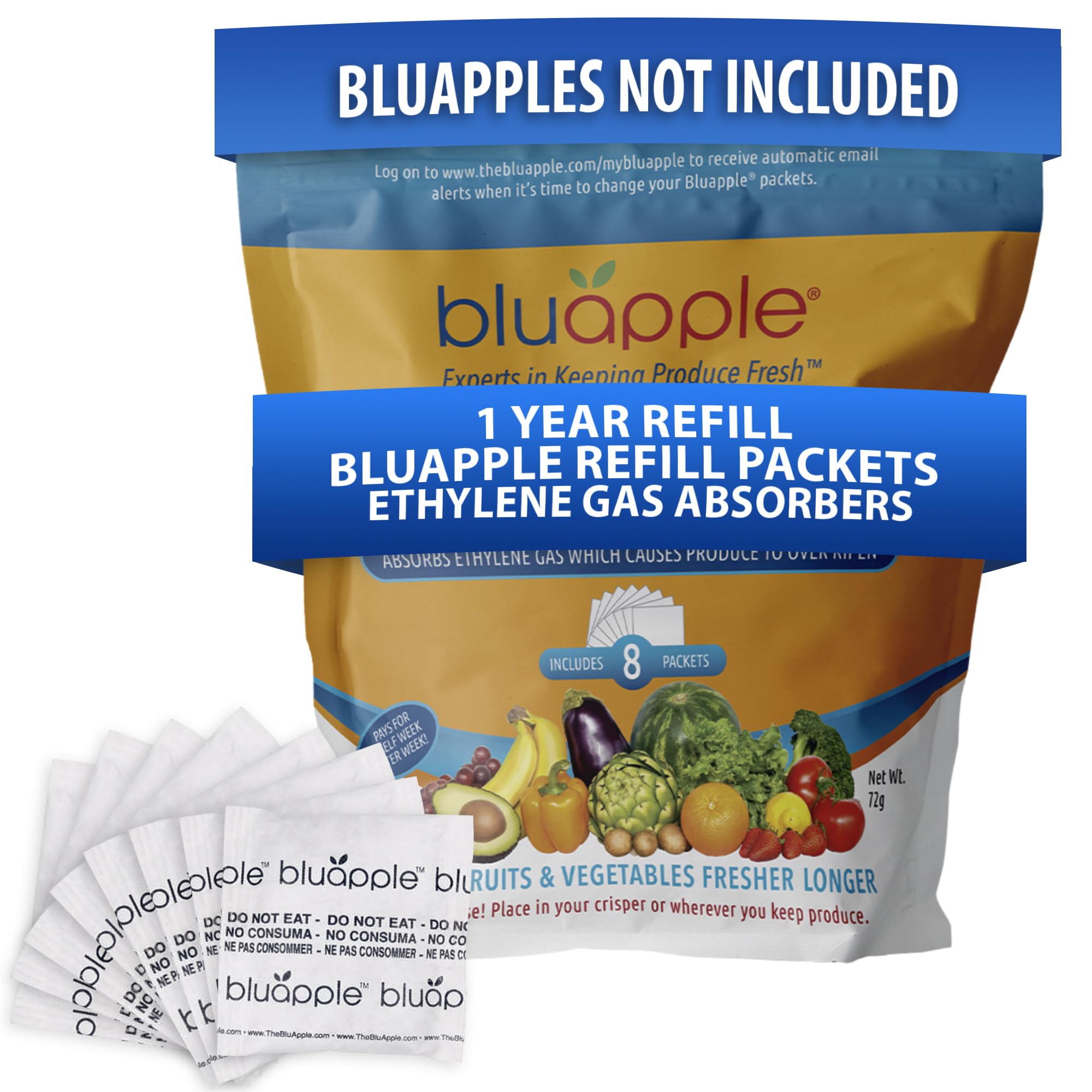 Bluapple Fruit and Veg Saver Refill Kit - Keep Fruit and Veg Fresh Longer, 8 Saver Packets, Each Packet Lasts up to 3 Months, Ethylene Gas Absorber