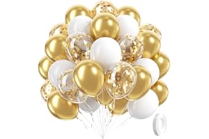 AWENZTECH 60pcs Gold and White Balloons 12inch, White and Gold Balloons with Metallic Gold Confetti Balloons for Graduation Wedding Engagement Birthday Party Decorations