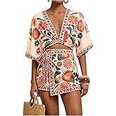 RoseSeek Women's 2 Piece Outfits Half Sleeve Crop Blouses and Wrap Skirts Set Boho Beach Vacation Clothes