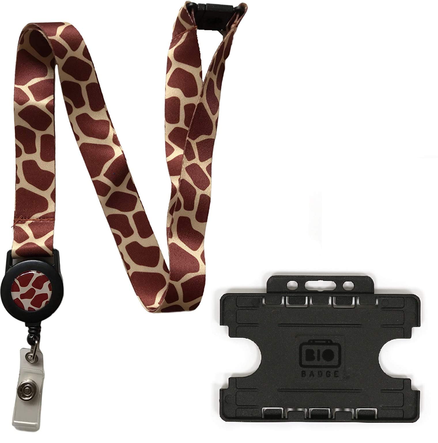 20mm Black Badge Reel Lanyard with Safety Breakaway and Double Black Horizontal Card Holder (Giraffe)