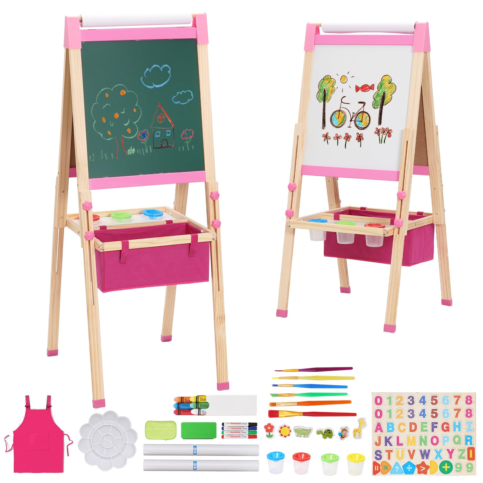 Wooden Art Easel for Kids with Paper Roll,Storage,Double Sided Height Adjustable Whiteboard & Blackboard,Children Drawing Board,Toddler Painting Set,Christmas Gifts for Girls Boys(Pink)