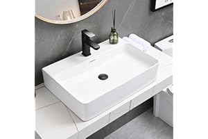 DELAVIN 24 x 16.5 in Ceramic Bathroom Vessel Sink, White Vessel Sink With Overflow, Modern Rectangle Vessel Sink Countertop Bathroom Sink with Faucet Hole, Easy to Clean