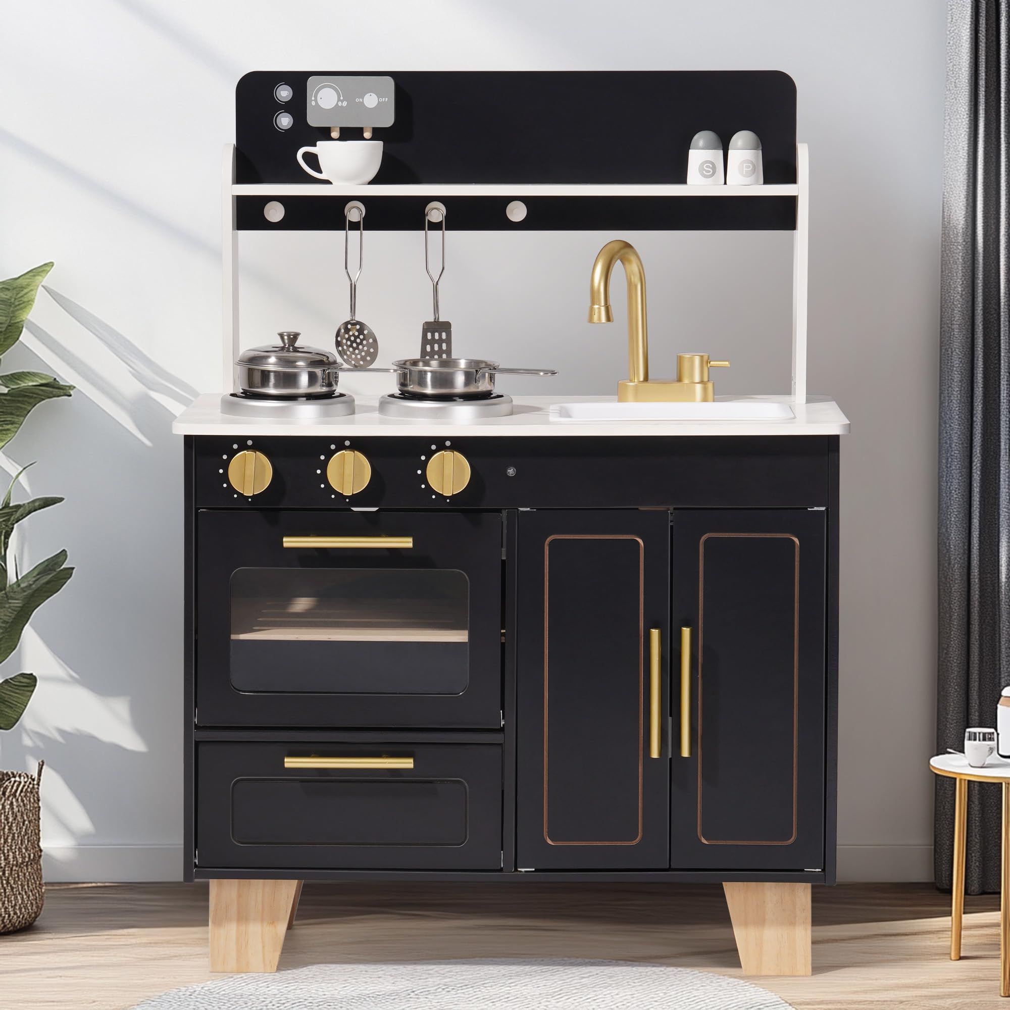 ROBOTIME Kids Wooden Play Kitchen - Realistic Pretend Play Toys with Coffee Machine, Marble Decorated Board, and Golden Tap - Perfect for Imaginative Role Play, Gift for Toddlers, Obsidian Black